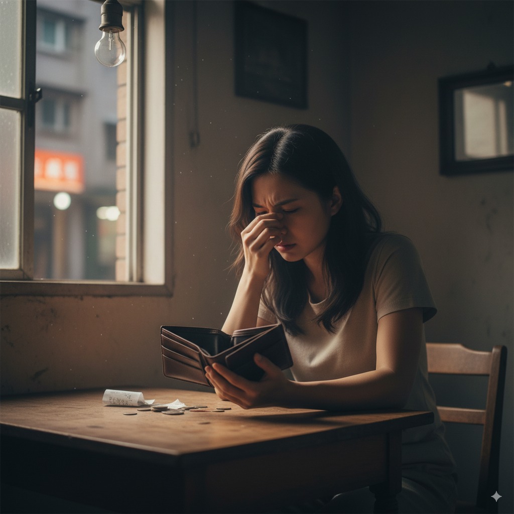 A Taiwanese woman, mid-20s, with a worried expression, pinching the bridge of her nose, looking at an empty wallet. She sits at a small, old wooden table in a dimly lit, modest apartment in Taiwan. Soft, melancholic lighting from a window.